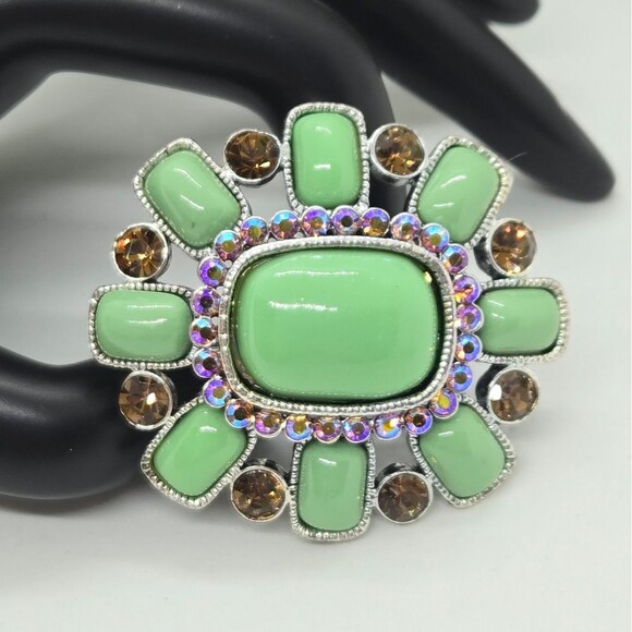 Joan Rivers Jade Green and Amber Tone AB Stone Brooch Pin Silver-tone - Picture 4 of 7